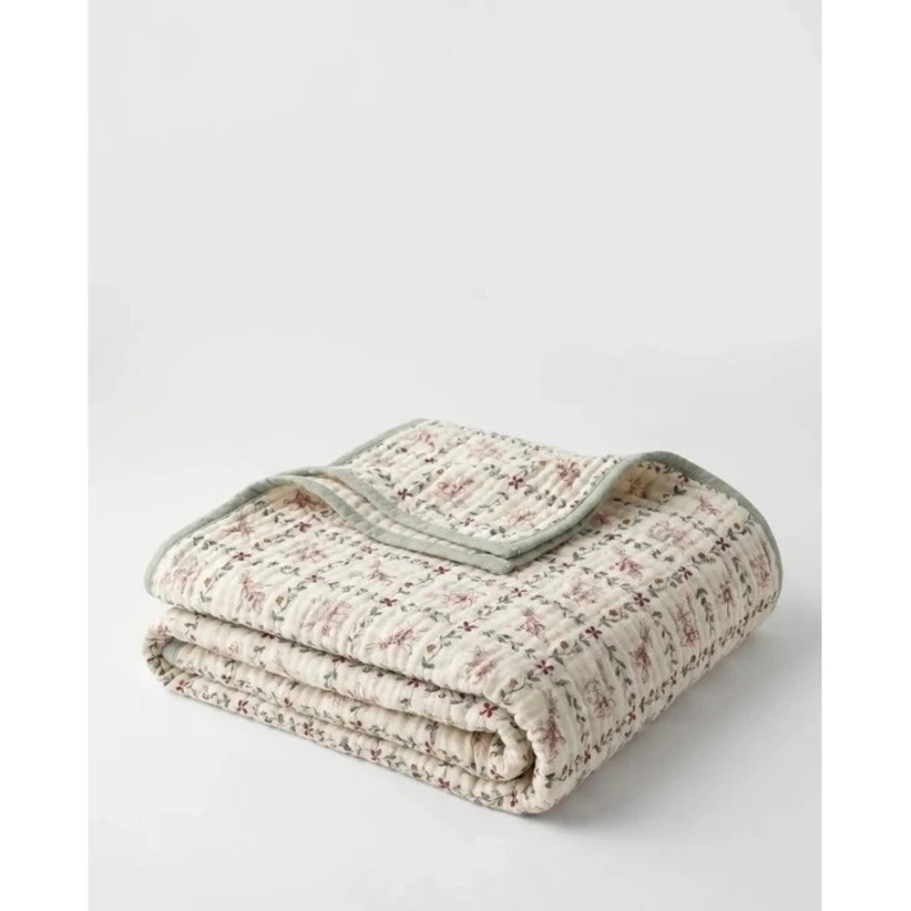 The Fleece Company Muslin Cotton Floral Blanket 130x150cm Throw Cream Sage NEW